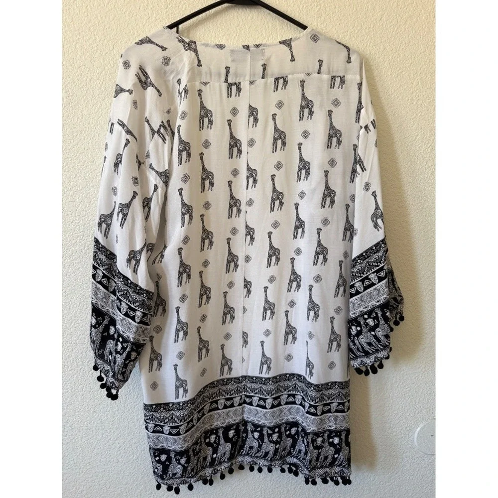 Relipop Womens Kimono Cardigan White Black Giraffe Print Boho‎ Pom Pom Trim M